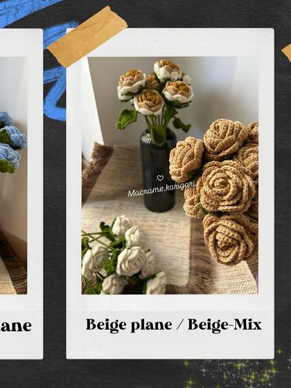 Our beige crochet roses, available in both a solid color and a mixed-shade bouquet. The neutral tones offer a subtle and elegant decorative option.
