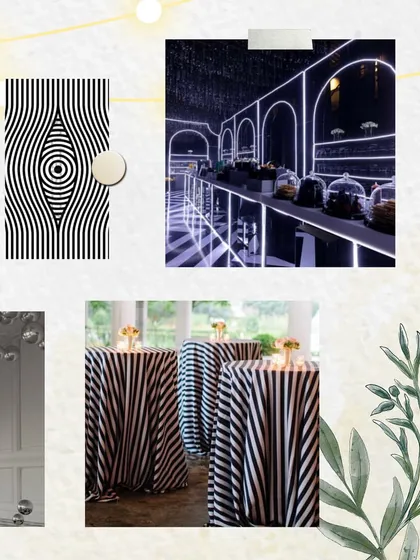 More inspiration for the 'Love & Illusion' Sangeet, focusing on the lighting design and the use of bold, graphic patterns on tables and backdrops.
