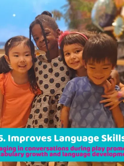 A beautiful photo of friendship. Engaging in conversations during play promotes vocabulary growth and language development.