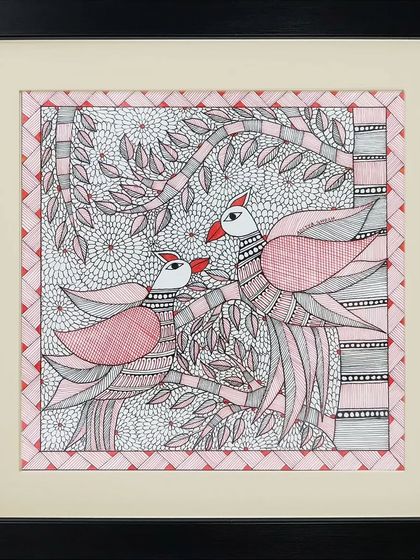 Two birds conversing on a tree branch, a classic theme in Madhubani art that celebrates nature and community.