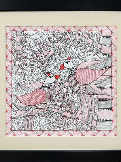 Two birds sit among the branches of a tree in this lovely Madhubani painting by Rinki Joshi. The entire piece is filled with detailed patterns, from the leaves on the tree to the feathers on the birds.