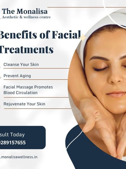 This graphic outlines the core benefits of our facial treatments. They are designed to cleanse your skin, prevent aging, promote blood circulation through massage, and rejuvenate your complexion.