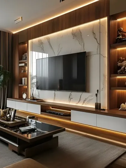 This is a great example of our high-end entertainment units. We combined a floor-to-ceiling marble-finish backdrop with warm, recessed LED lighting to create a luxurious and modern living room centerpiece. The design includes a floating console with closed storage and open, backlit shelves for displaying decor.