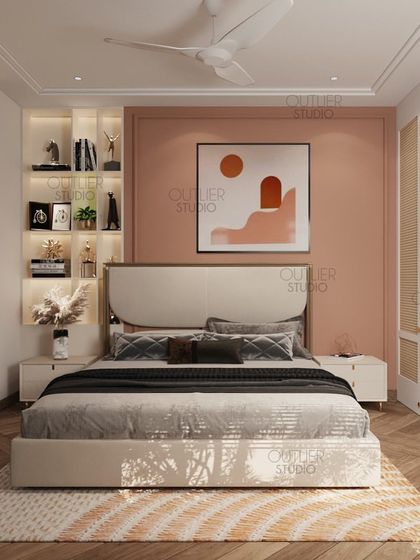 Looking for the perfect blend of minimalism and warmth? This bedroom features a dreamy peach theme with cozy wooden flooring and a built-in backlit display shelf for a personalized touch.