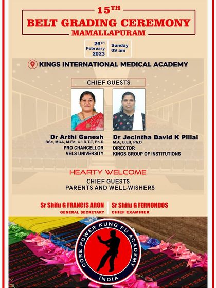 The official poster for our 15th Belt Grading Ceremony in Mamallapuram, welcoming chief guests, parents, and well-wishers to celebrate our students' achievements.