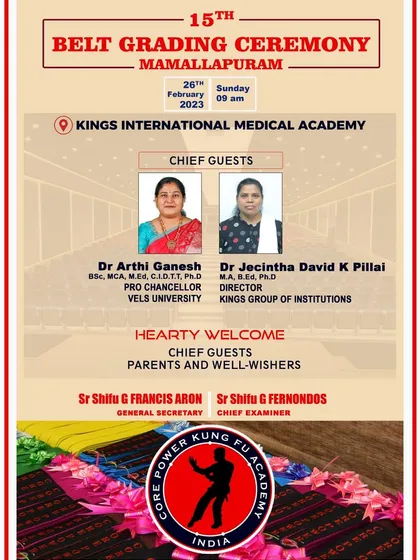 The official poster for our 15th Belt Grading Ceremony in Mamallapuram, welcoming chief guests, parents, and well-wishers to celebrate our students' achievements.