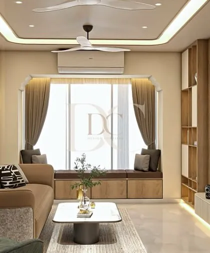 This angle shows the comfortable window-side seating we built into the living room. It’s a perfect reading nook with its own storage, making smart use of the available natural light.