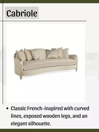 Inspired by classic French design, the Cabriole sofa has an elegant, continuous curve from the back to the arms. Its exposed wooden legs and graceful silhouette add a touch of romance to a room.