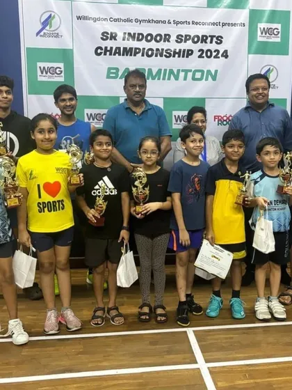 A group photo of the young winners from the SR Indoor Sports Championship at Willingdon Catholic Gymkhana.