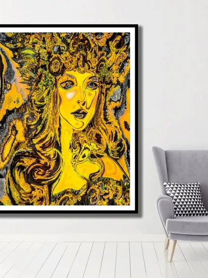 The yellow abstract portrait displayed as a single, large piece in a modern setting.