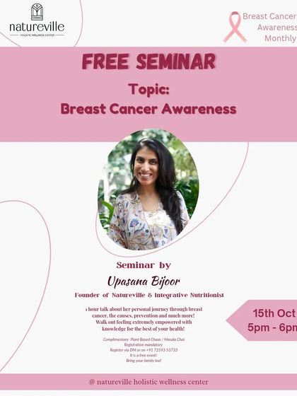 This is a flyer from a free seminar I gave for Breast Cancer Awareness Month. Sharing my story and the knowledge I've gained is a core part of my mission to empower others to take control of their health.