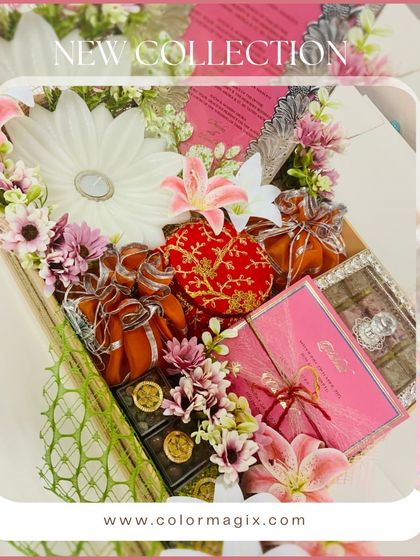 A promotional image for our new collection, featuring the lavish floral wedding invitation hamper.