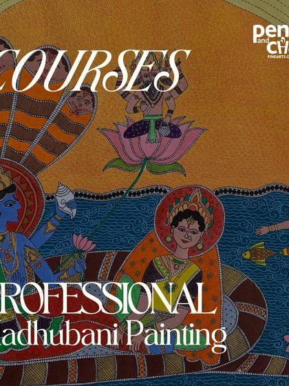 An image promoting our professional Madhubani painting courses, featuring a detailed narrative artwork. We aim to keep this beautiful art form alive for generations to come.