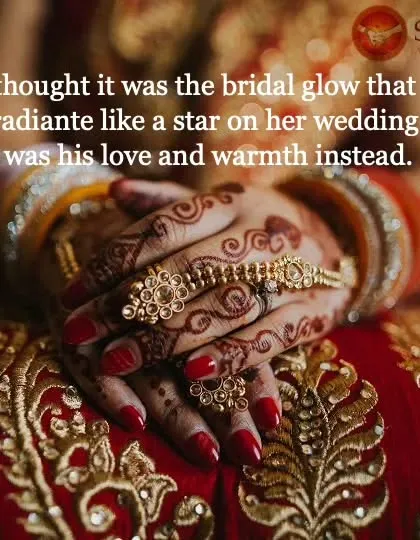 A close-up of a bride's hands, rich with henna and gold jewelry. The warmth of a partner's love is what creates the true bridal glow.