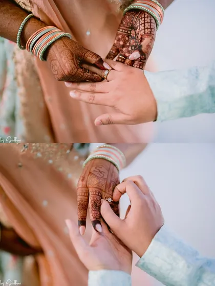 A close-up diptych of the ring exchange, a simple yet profound moment symbolizing a lifelong promise.