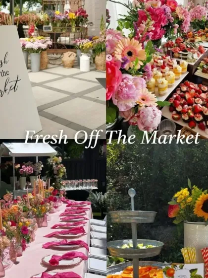 For a bride who loves color and nature, a "Fresh Off The Market" theme is perfect. This idea revolves around a farmer's market vibe with abundant fresh flowers, bright colors, and a farm-to-table food display.