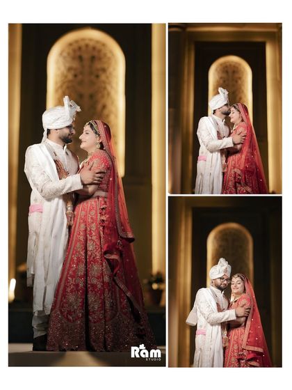 A collage of the couple sharing romantic moments in a beautifully lit archway, capturing the intimacy and elegance of their wedding night.