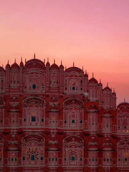 The Hawa Mahal in Jaipur during sunset. I waited for this light to capture the city's famous pink architecture as it blushed under the evening sky, a moment that feels like a dream.
