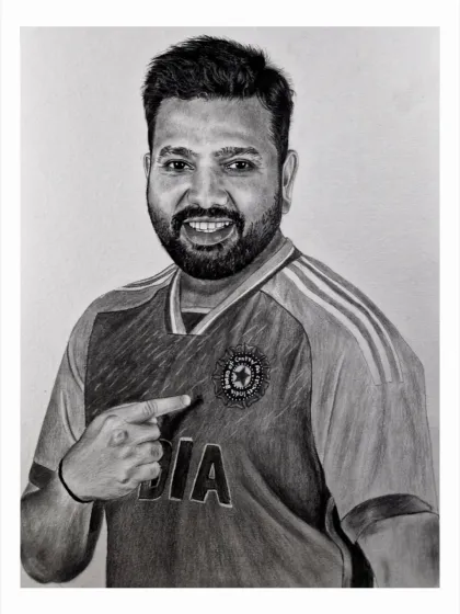 A pencil sketch tribute to Indian cricketer Rohit Sharma. I wanted to capture his proud smile while wearing the team India jersey, focusing on the emblem and his happy expression.