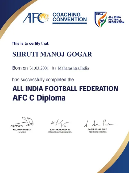 The official AIFF AFC C Diploma certificate awarded to Coach Shruti. This certification reflects the high standard of coaching at our academy.