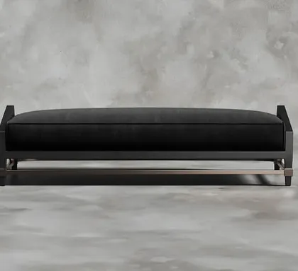 A frontal view of the sophisticated black bench, highlighting its clean lines and luxurious materials.