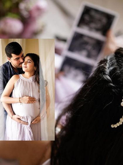 A creative collage combining an intimate couple portrait with a detailed shot of the mother's hairstyle and sonogram.