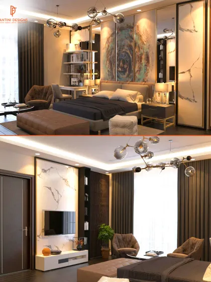 A collage of a modern bedroom, showing the interplay of dark wood, marble-patterned panels, and statement art to create a warm and creative space.