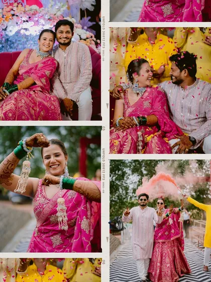 A collage capturing the essence of a carnival-themed Haldi: dancing, colors, and lots of smiles.