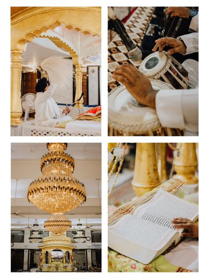 A collage of the details that made the Gurudwara ceremony so special: the tabla, the holy book, the grand chandelier, and the Granthi in prayer.