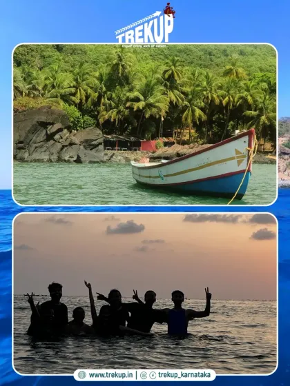 A collage capturing the vibe of our Gokarna beach trips: silhouettes of friends in the water at sunset and traditional fishing boats resting on the shore.