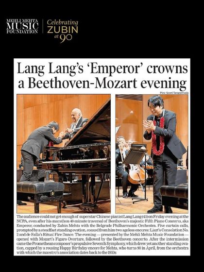 We are grateful to The Times of India for this wonderful feature on Lang Lang's performance during the 'Celebrating Zubin at 90' evening. The article beautifully captures the magic of the Beethoven-Mozart program.