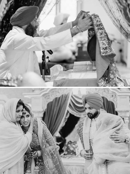 Key moments from the Anand Karaj ceremony in black and white. This includes the palla rasam, symbolizing the father giving his daughter away.