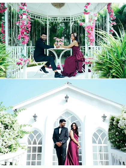 A romantic date setup in a floral gazebo and a classic portrait in front of the chapel set, showing the variety of scenes available at one location.