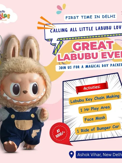 The Great Labubu Event, first time in Delhi! We hosted a magical day packed with Labubu-themed activities like keychain making, mask crafts, playtime, and a bumper car ride.
