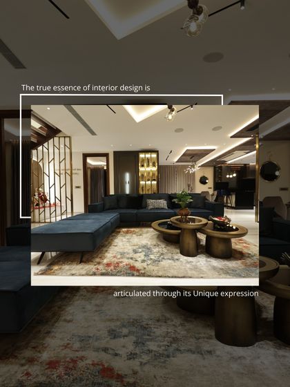 The true essence of interior design is its unique expression. This living room uses a rich, textured rug and a deep blue sectional to create a space that is both comfortable and full of character.