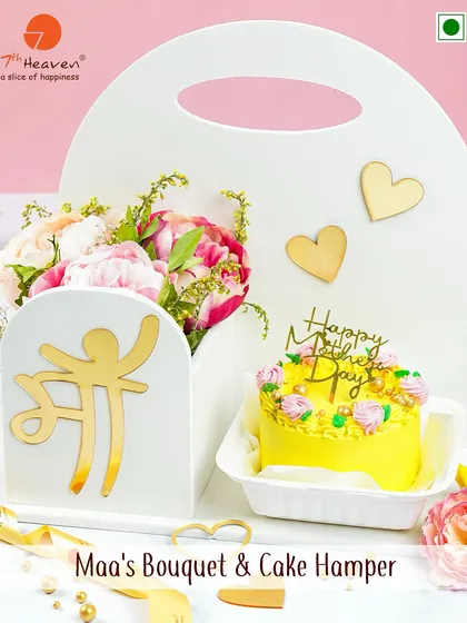 A gift for the one who means the world. Our "Maa's" Bouquet & Cake Hamper combines a beautiful floral arrangement with a delightful bento cake for the perfect Mother's Day surprise.