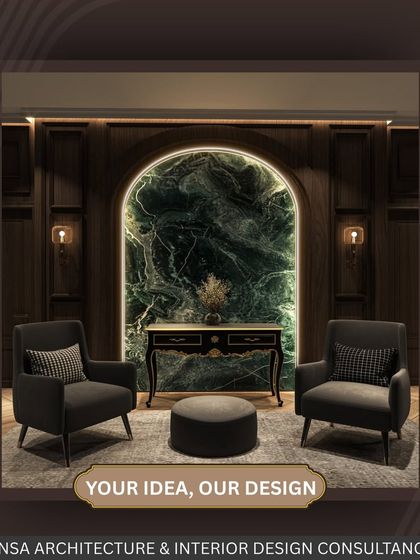 This seating nook is a perfect example of moody elegance. The dark wood paneling and a stunning green marble accent wall create a dramatic backdrop for the classic armchairs. It's a sophisticated space for quiet conversation.