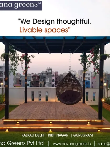 We design thoughtful, livable spaces like this terrace pergola. The wooden deck, comfortable swing, and surrounding greenery create a perfect spot for relaxation, day or night.