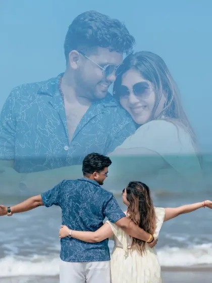 A dreamy, blue-toned collage of the couple on the beach. This photo captures the feeling of being lost in their own world by the sea.