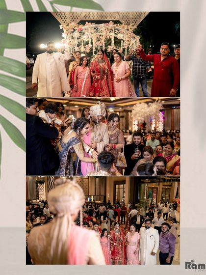 A collage of wedding ceremony moments, including the bride's entrance with her family and the groom's first look, telling a story of family and love.