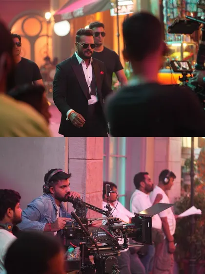 On set with the talent and crew for the Patanjali commercial. Our lighting created a warm and inviting atmosphere for this street scene.