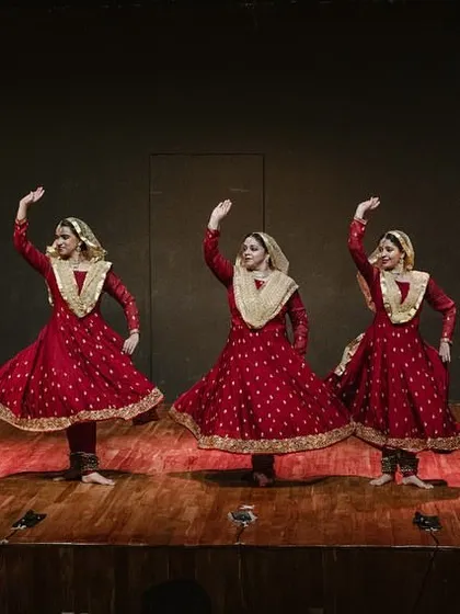 A powerful moment from the Abhiratna Awards in 2024. My senior students are on stage in vibrant red costumes, capturing the grandeur and grace of a traditional Kathak group performance.