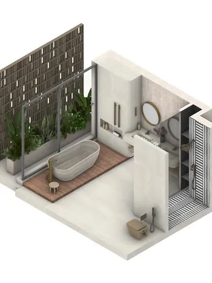 This axonometric illustration details a bathroom design for our pavilion villas. It effectively shows the layout, including the bathtub with a view, the shower area, and the connection to an outdoor space screened for privacy.