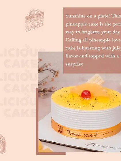 A classic Pineapple Cake that brings a touch of sunshine to any day. This cake features a clean, modern design with a bright yellow pineapple glaze and a single cherry on top.
