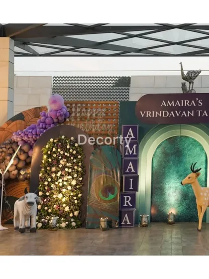 The full backdrop setup, showing the mix of textures, colors, and lighting used to create the enchanted forest.