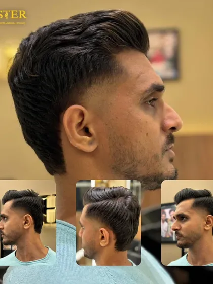 A collage showcasing a sharp fade and clean lines on a client's fresh new look.