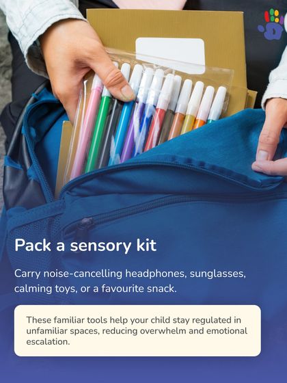 Pack a sensory kit to help your child stay regulated in unfamiliar spaces. Carrying items like noise-canceling headphones, sunglasses, or a favorite toy can reduce overwhelm and prevent emotional escalation.