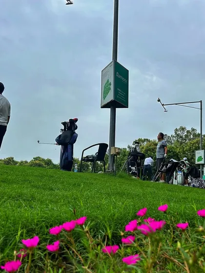 A unique low-angle shot of a golfer on the range, with beautiful pink flowers in the foreground.