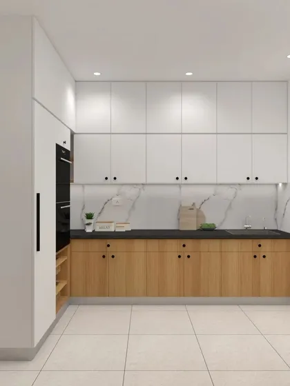 This 3D render demonstrates a popular and timeless two-tone kitchen design, pairing warm wood-grain lower cabinets with clean white uppers. The layout includes a tall unit that seamlessly integrates appliances, maximizing both storage and style.