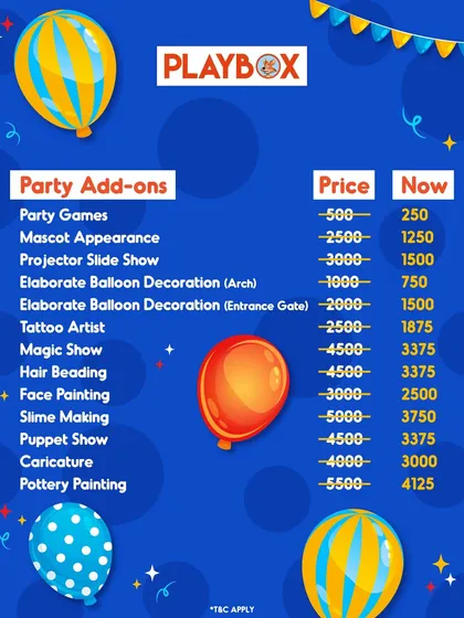 A full menu of our party add-ons with special discounted pricing. You can customize your event with everything from a magic show to pottery painting.
